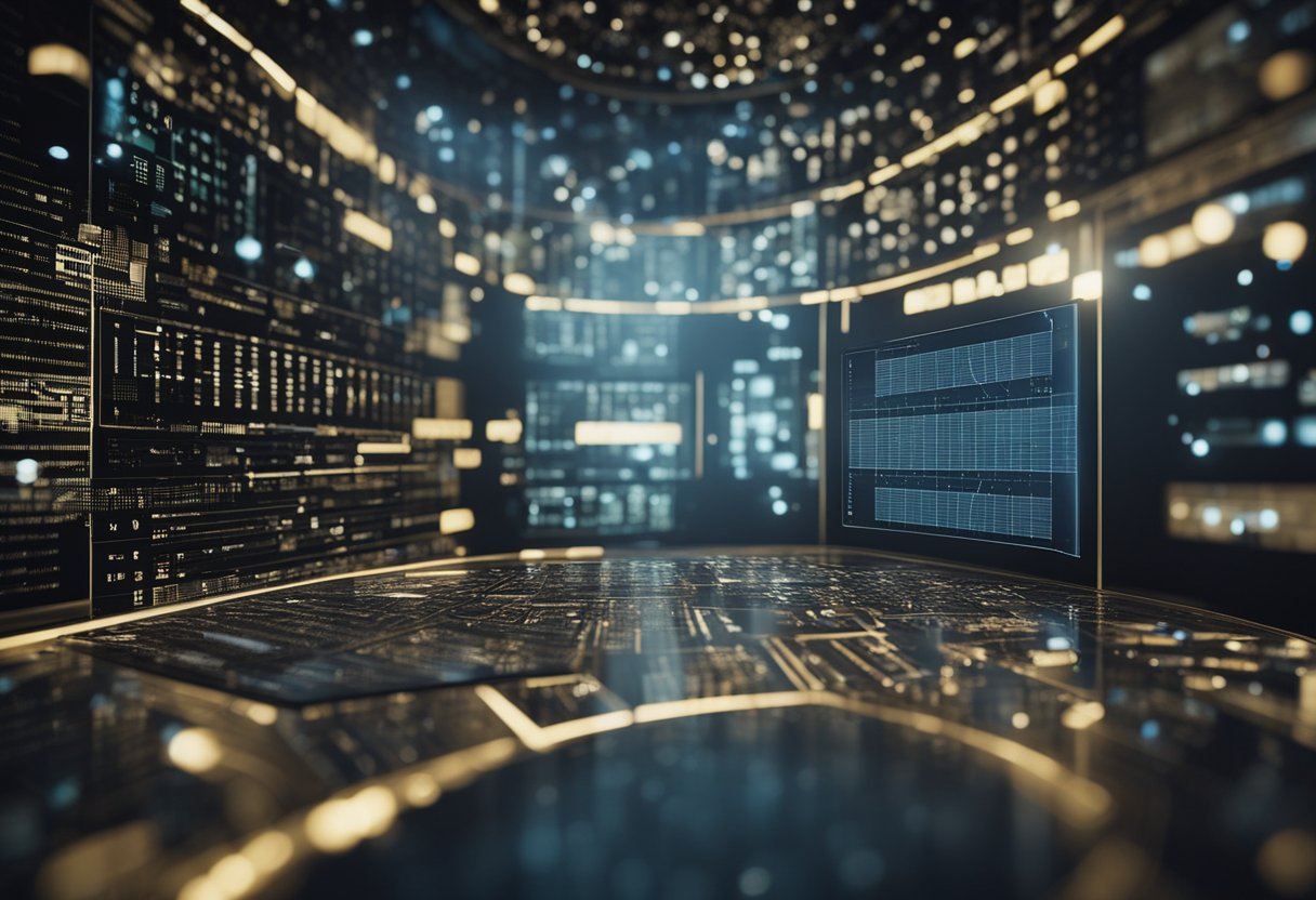 Large language models (LLMs) processing data, generating text, and analyzing patterns in a futuristic digital environment