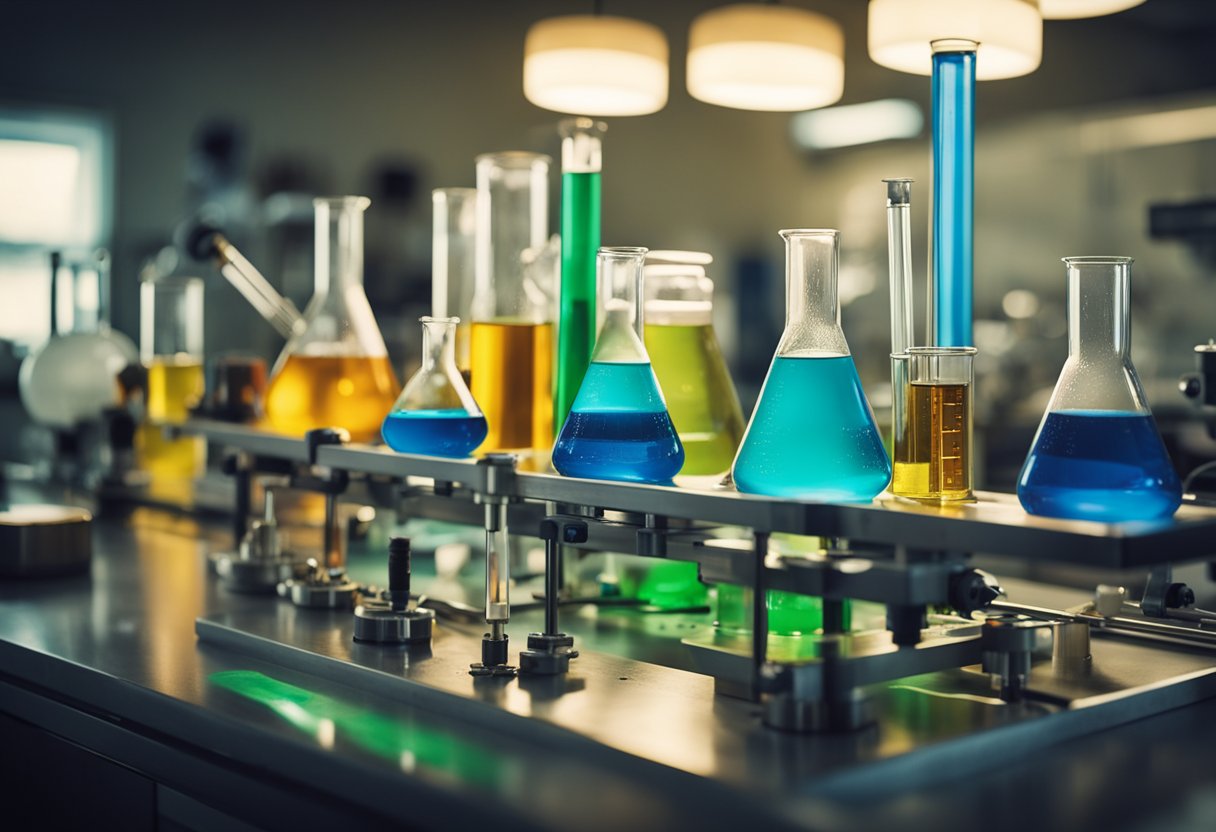 A laboratory bench with various scientific equipment, including heating mantles, beakers, and flasks. The heating mantles are being used in different experiments, with colorful liquids and bubbling reactions