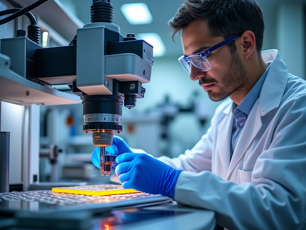 Realistic photo of a scientist carefully operating a complex machine, depositing thin layers of material onto a substrate in a controlled environment