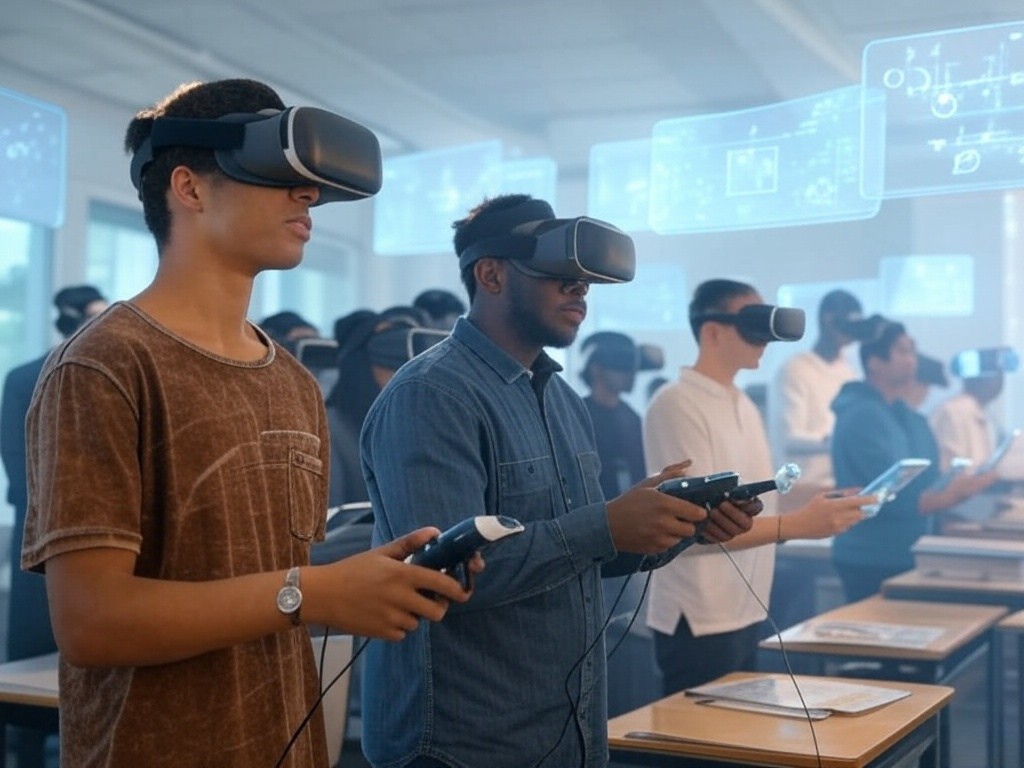 Students in a virtual reality STEM classroom conducting interactive experiments.
