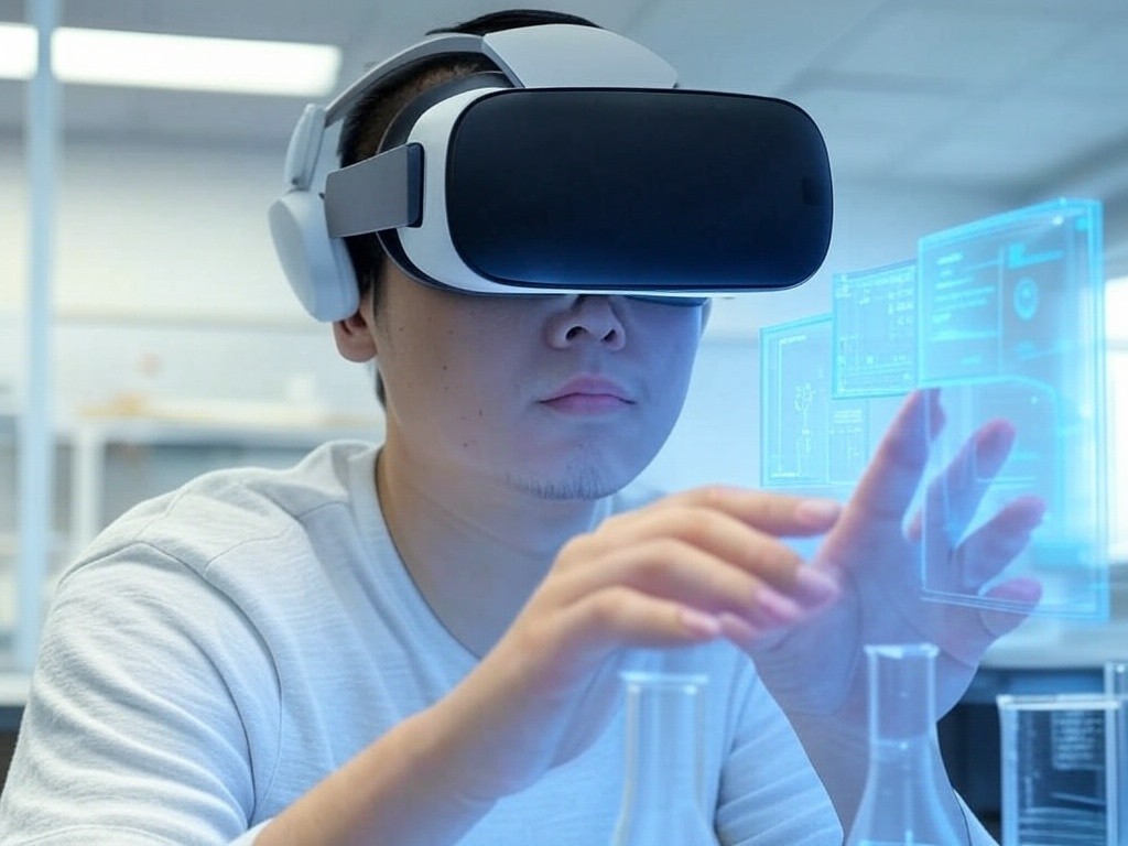 Student using a VR headset to conduct a chemistry experiment in a virtual laboratory.