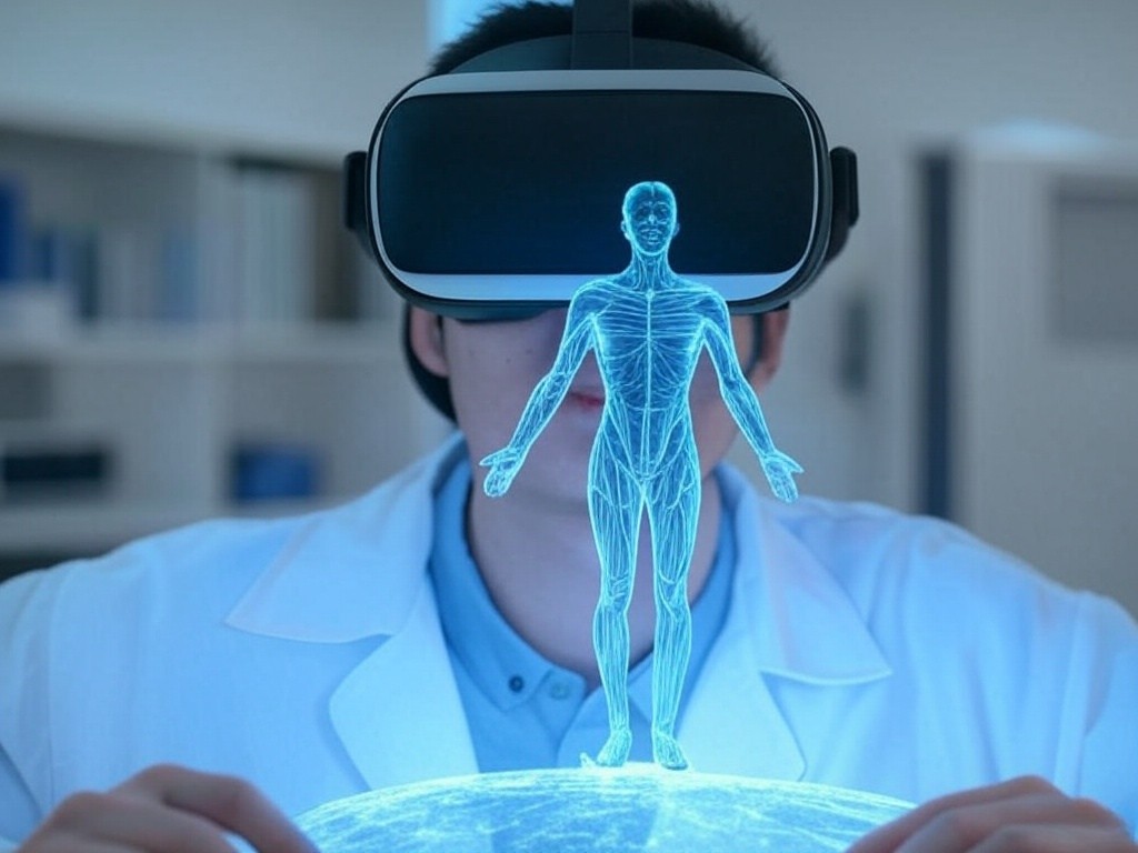 Medical student using a VR simulator to explore human anatomy in 3D.