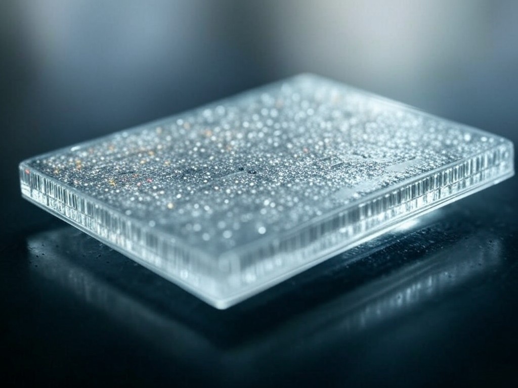 A highly detailed microfluidic device with complex microchannels, made using SU-8 photolithography.