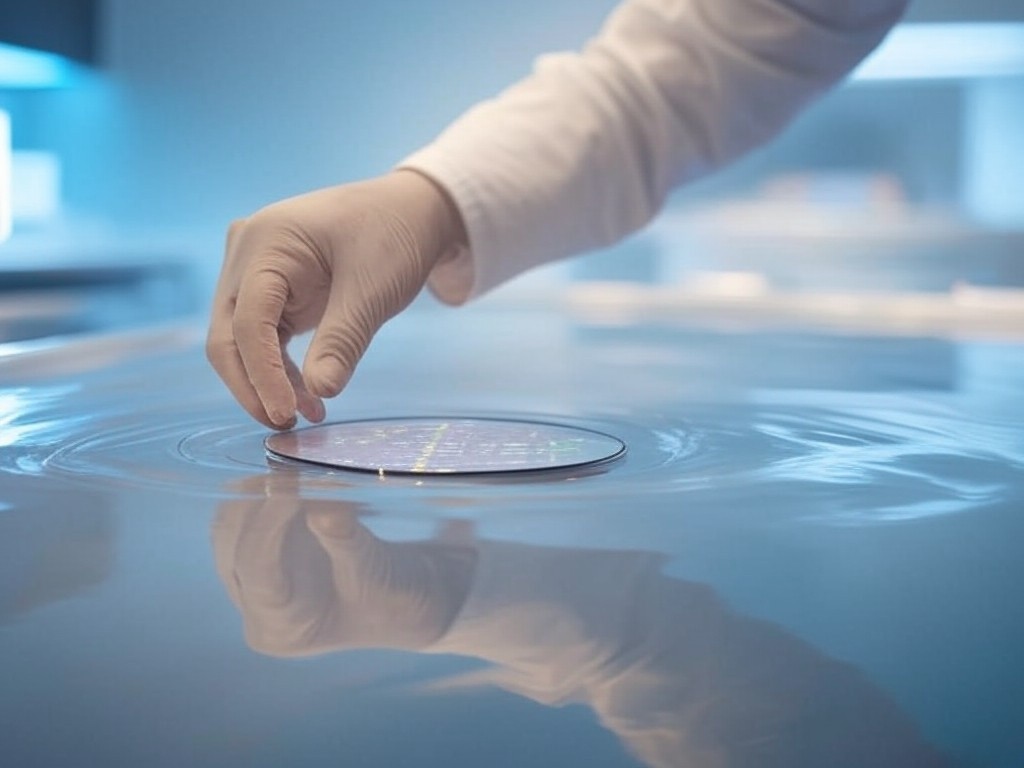A close-up of a researcher developing an SU-8-coated wafer in a laboratory setting.
