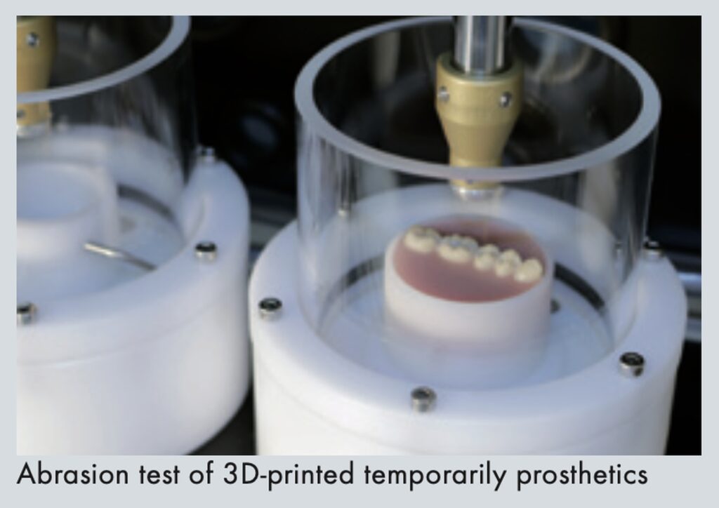 Abrasion testing of 3D-printed temporary prosthetics using the SD Mechatronik Chewing Simulator.