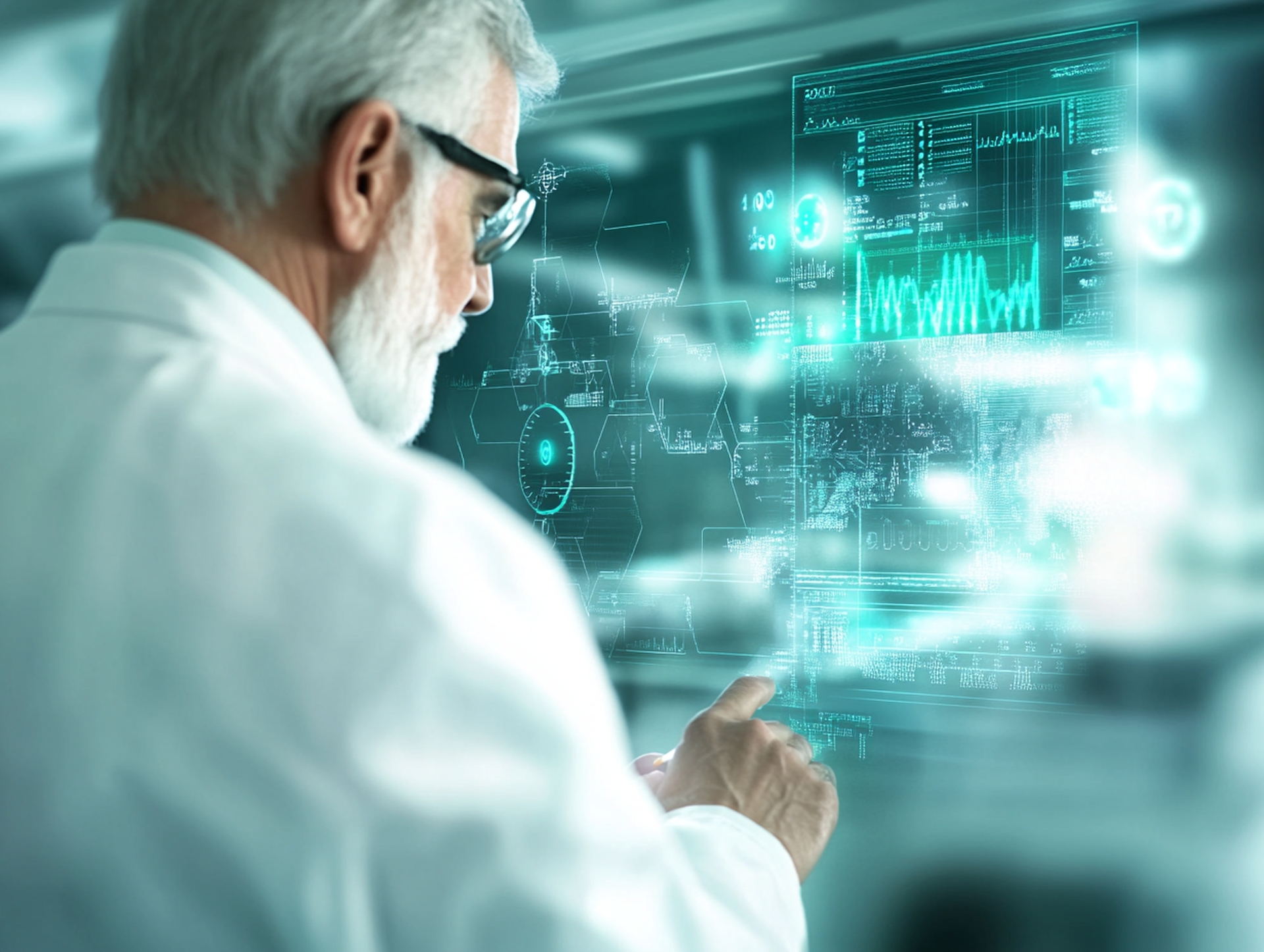 Scientist in a modern lab, observing a digital display on a lab machine, symbolizing precision and long-term material research