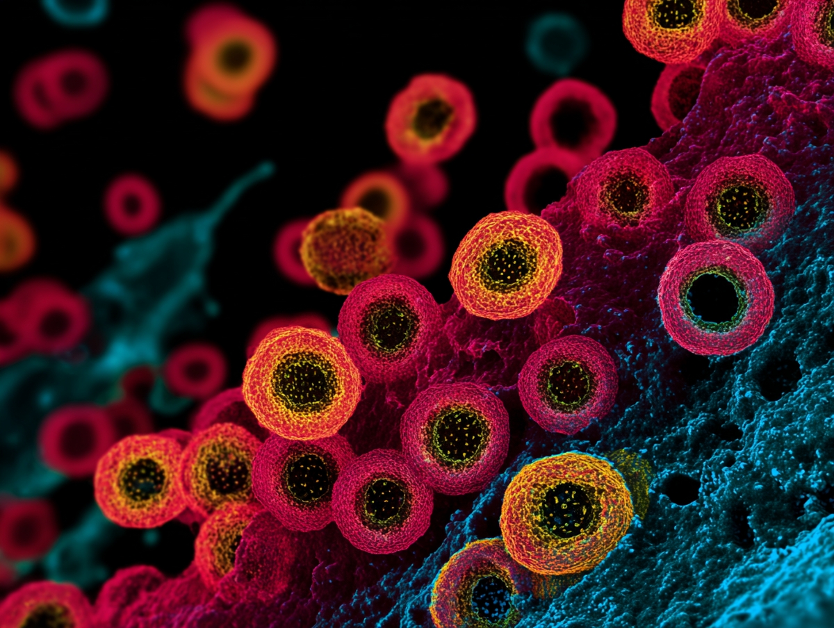 Transmission electron microscope image of coronavirus in host cell	