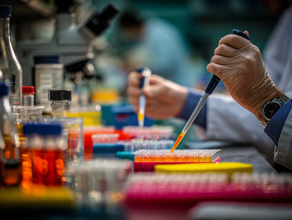 Scientists using lab measuring equipment 