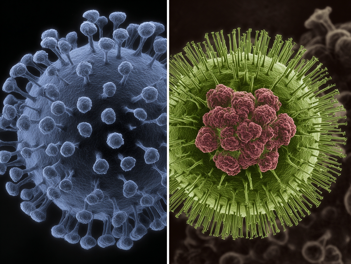 Side-by-side images comparing virus in SEM and TEM 