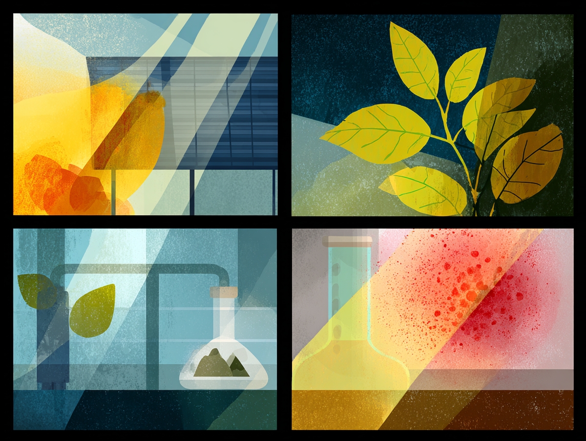 Visual representation of solar simulator applications in photovoltaics, biology, and materials science.